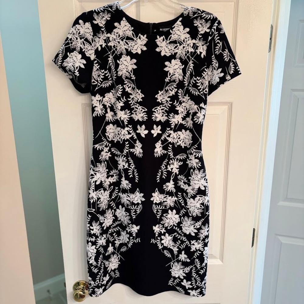 Karl Lagerfeld Paris Sheath Dress Womens 8 Black White Floral Scuba Classic Chic